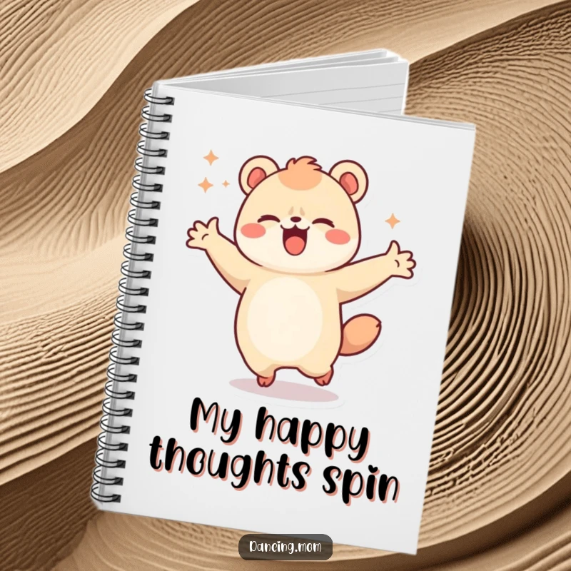 Funny notebook with a kawaii dancing animal spinning joyfully, inspiring creativity and happy notes.