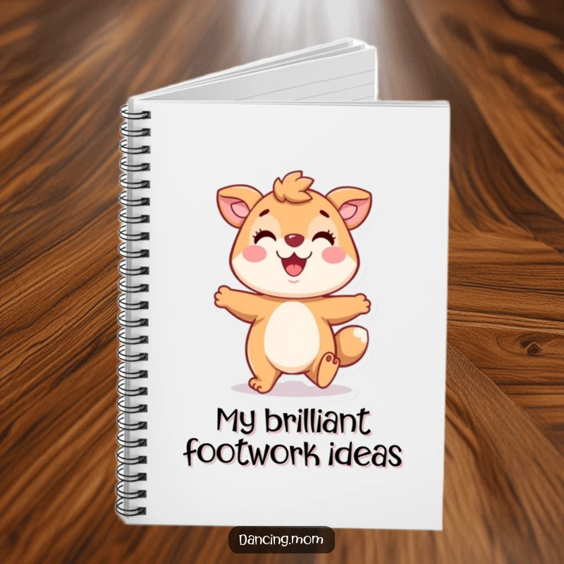 Funny notebook cover with a playful animal character tapping its feet, a wide smile indicating happy thoughts and creative inspiration.