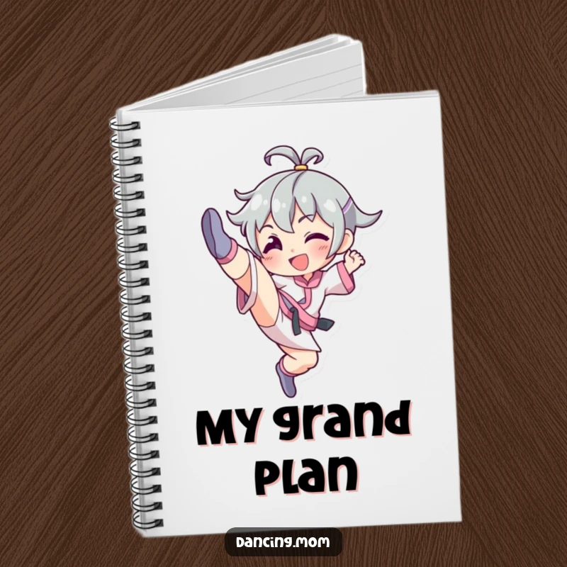 Funny notebook with a cover illustration of a smiling character performing an energetic high kick.