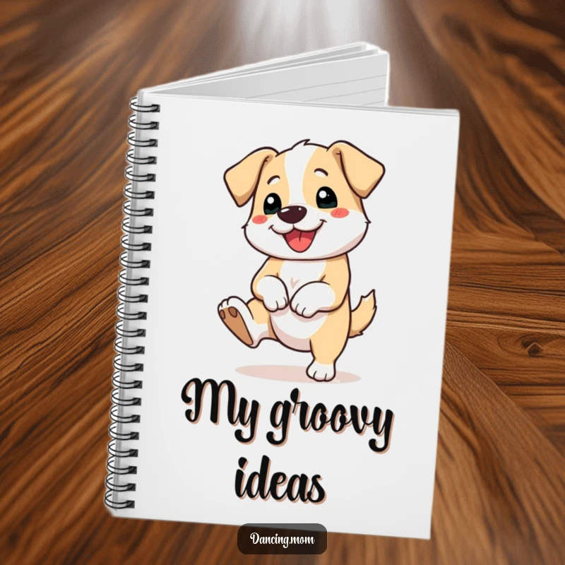 Funny notebook with a dog tapping its foot happily, inspiring cheerful notes and rhythmic brainstorming sessions.