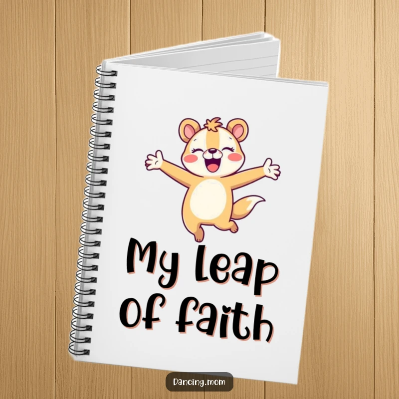 Funny animal character in a joyful leap with arms outstretched, featured on the cover of a notebook.