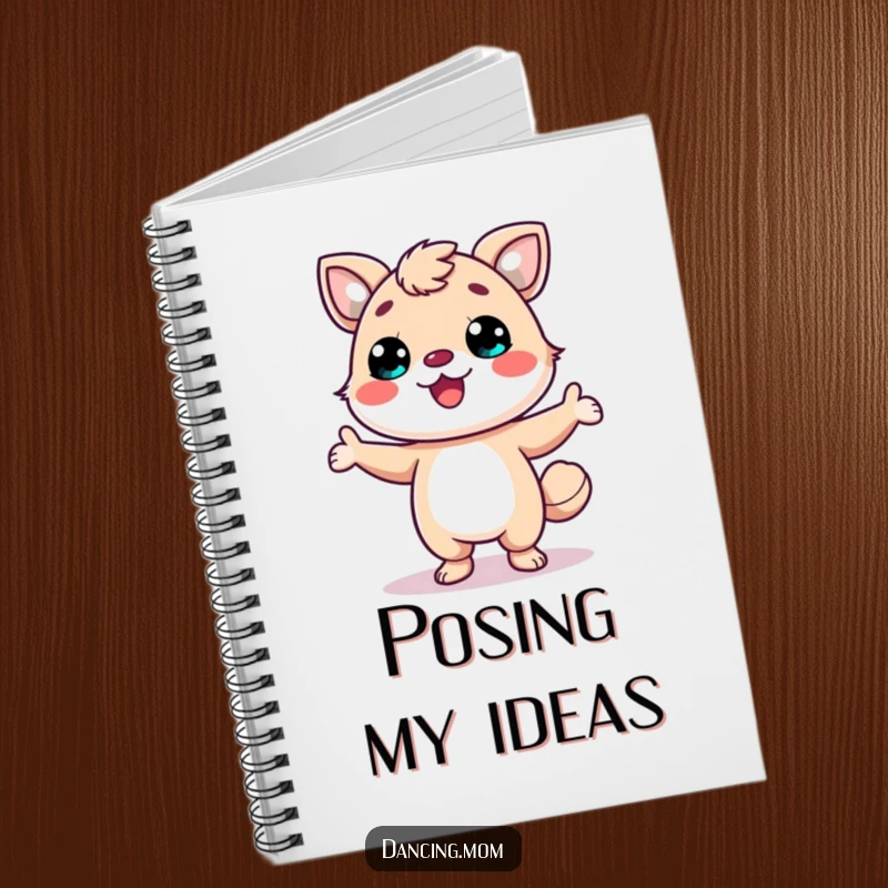 Funny notebook with a kawaii dancing animal striking a fun pose with a wide smile, inspiring happy thoughts.