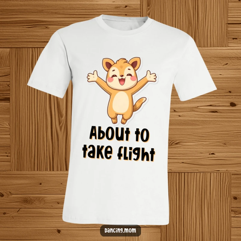 Funny t-shirt with a happy animal character leaping high with arms outstretched, embodying pure, energetic excitement and happiness.