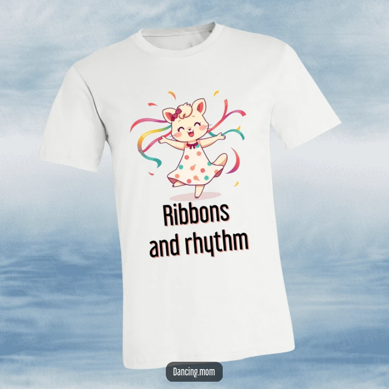 Funny t-shirt with a dancing mom animal spinning gracefully, colorful ribbons flowing, conveying elegance and fun, a stylish funny gift.