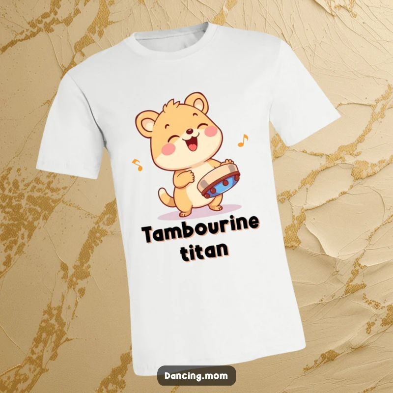 Funny animal character joyfully playing a tambourine with energetic and infectious rhythm, printed on a humorous t-shirt.