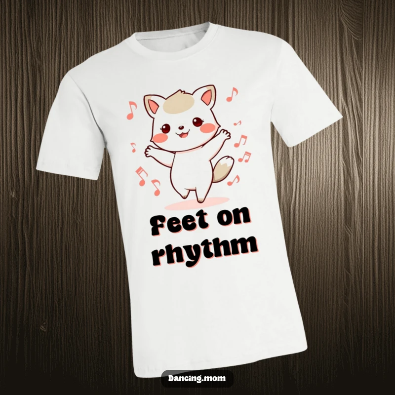 Funny t-shirt showcasing a kawaii dancing animal with feet in motion, surrounded by musical notes, celebrating the joy of dance.