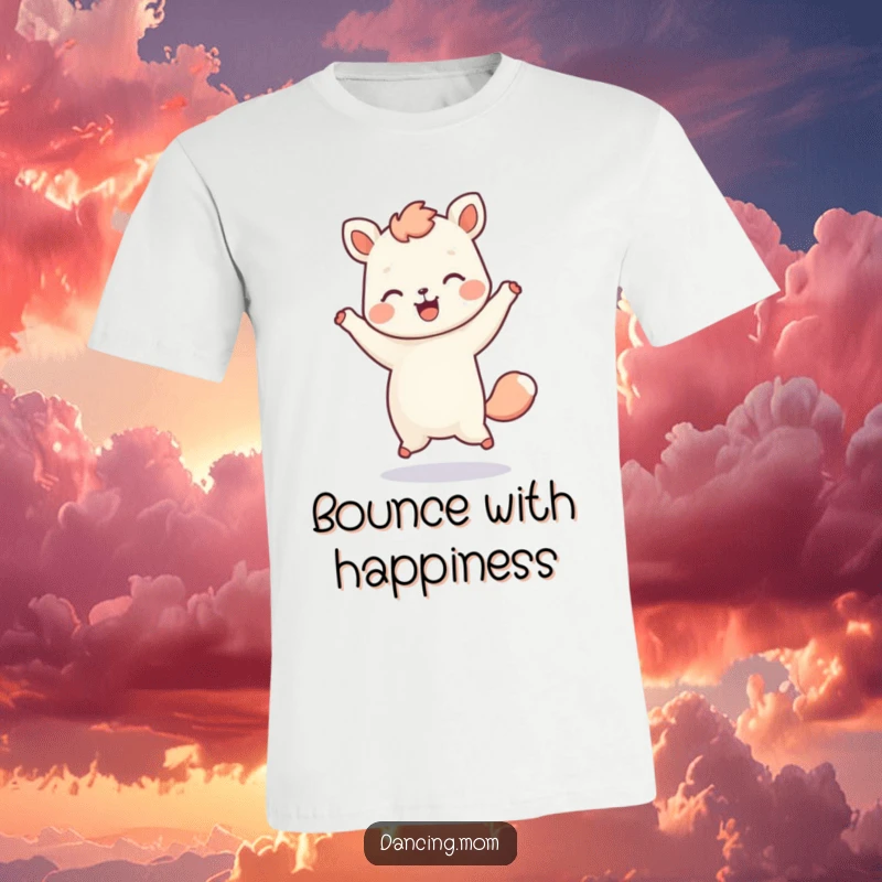 Funny t-shirt showcasing a kawaii dancing animal in a playful hop, with a beaming happy expression and energetic pose.