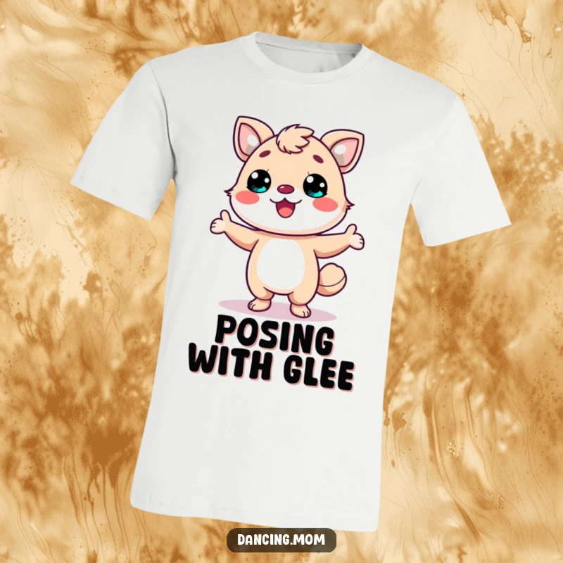 Funny t-shirt showcasing a kawaii dancing animal with a huge smile, striking a dynamic and fun pose with confidence.