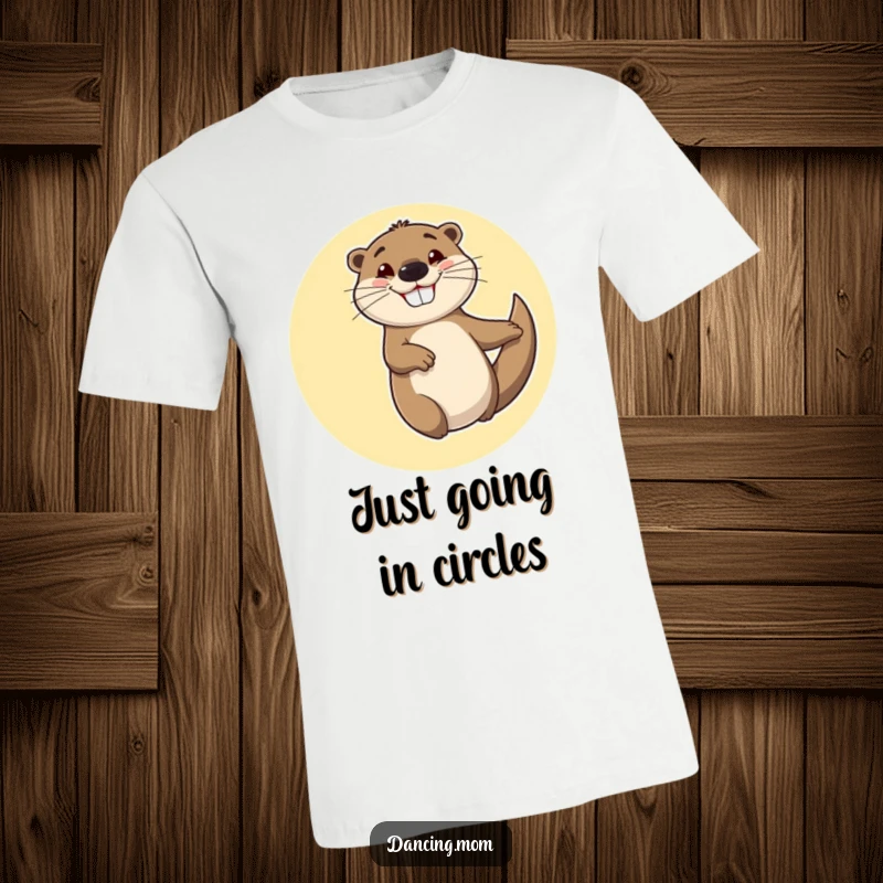 Funny t-shirt of a cheerful otter spinning in circles with a goofy, happy grin, showcasing pure, uninhibited joy.