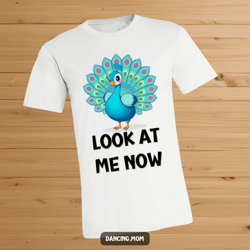 Funny Peacock t-shirt showcasing a playful peacock fanning out its colorful tail feathers in a vibrant dance, perfect for bold style.