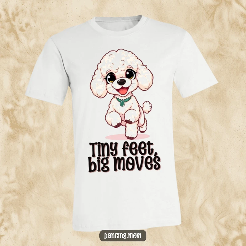 Funny Poodle Happy Shuffle T-Shirt: A poodle with delighted eyes performs a lively shuffle with tiny feet, looking incredibly happy.