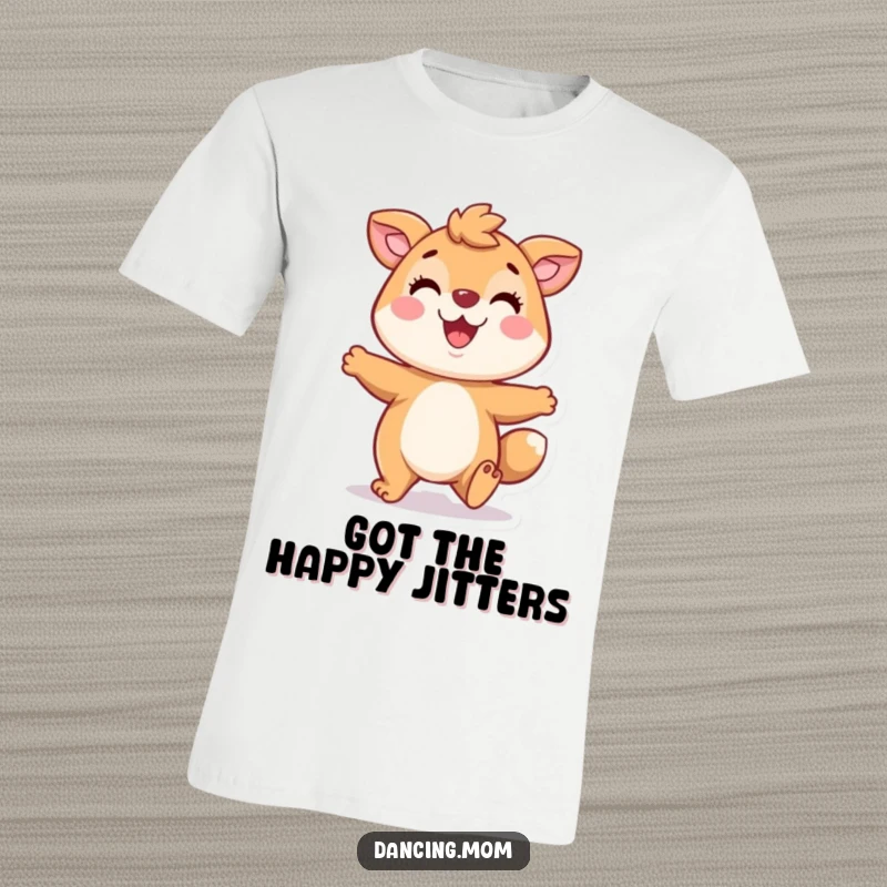 Funny t-shirt featuring a playful animal character joyfully tapping its feet with a wide, delighted smile, full of cheerful energy.