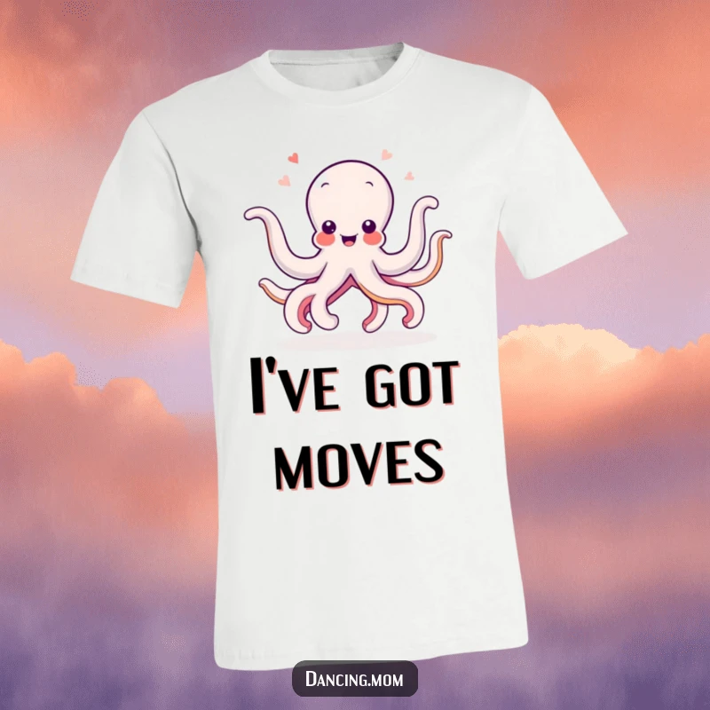 Funny Octopus t-shirt showcasing a delighted octopus enthusiastically wiggling its arms in various dance poses, a humorous ocean-themed apparel.