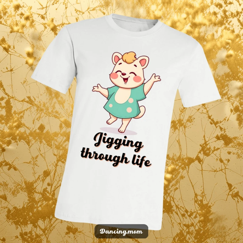 Funny Mom Jig T-Shirt: A dancing mom animal energetically does a happy jig, showcasing festive cheer and a passion for joyful movement, great for moms.