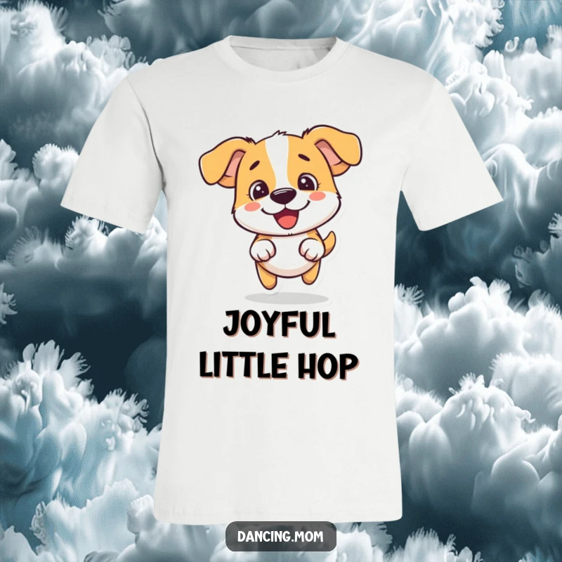 Funny dog t-shirt featuring a dog doing a silly little hop with a look of pure fun and infectious energy.