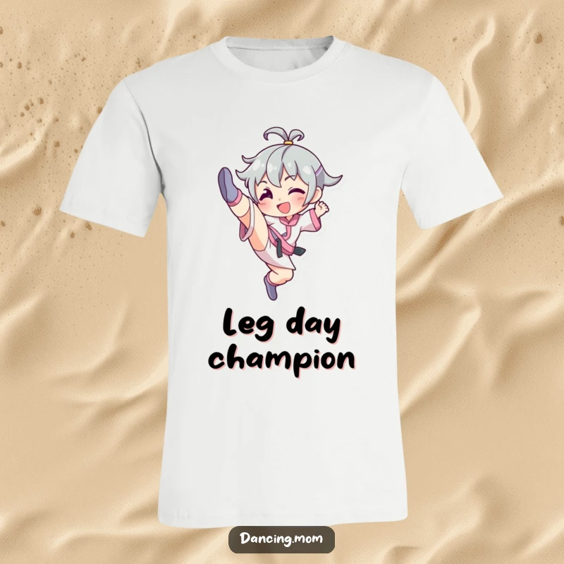 Funny t-shirt featuring a beaming character executing a dynamic high kick with obvious joy and impressive flexibility.