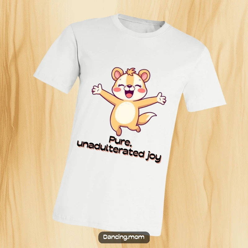 Funny animal character captured mid-leap with arms wide open, radiating pure joy on a comfortable t-shirt.