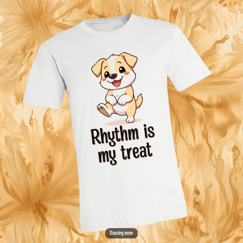 Funny t-shirt featuring a dog joyfully tapping its foot with a big smile, embodying pure happiness and rhythm.