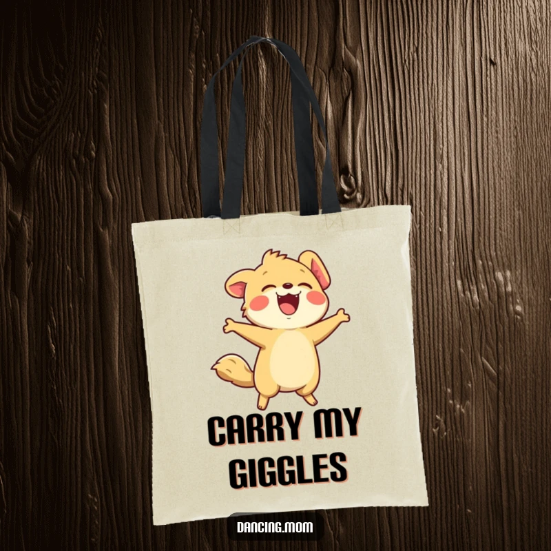 Funny tote bag with a kawaii animal laughing heartily, head thrown back in a display of pure, contagious merriment.