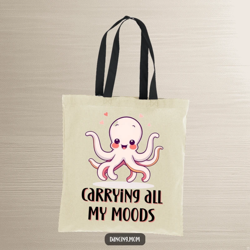 Funny Octopus tote bag depicting a delighted octopus wiggling its arms in a funny dance, ideal for carrying groceries with humor.