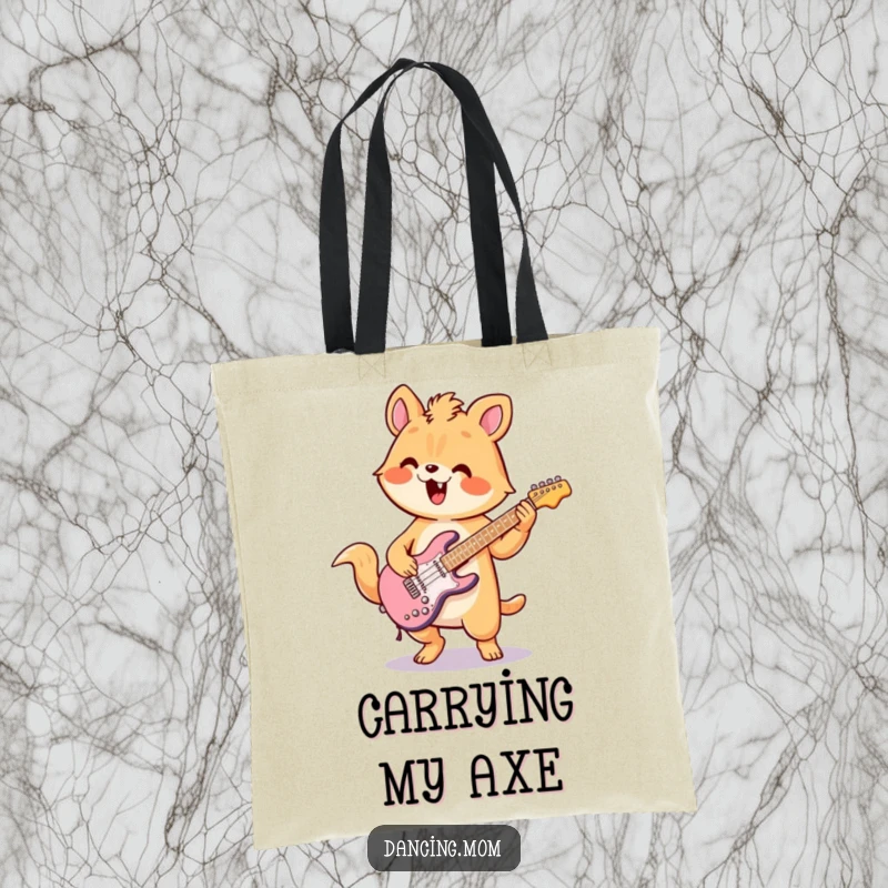 Funny tote bag with a kawaii animal energetically playing an air guitar with flair, perfect for carrying music essentials.
