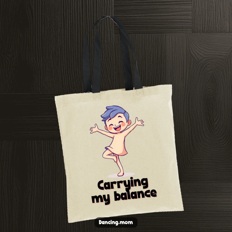 Funny tote bag featuring a grinning character balancing perfectly on one toe with playful confidence.