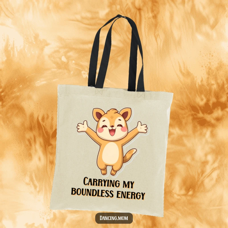 Funny tote bag featuring a happy animal character leaping energetically with arms spread wide, showcasing vibrant joy and movement.