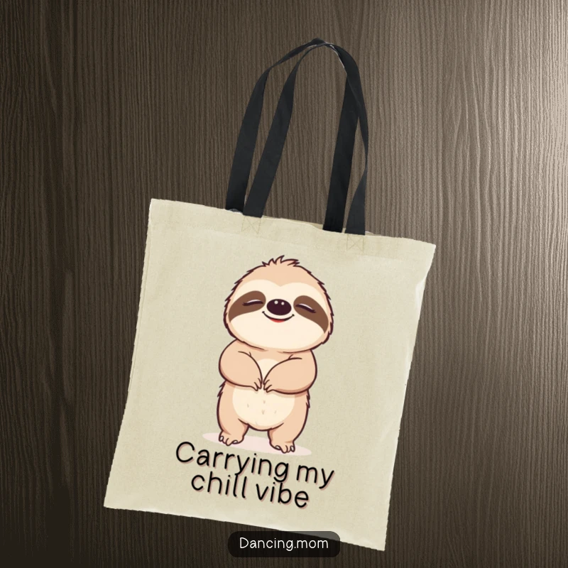 Funny Sloth tote bag showcasing a happy sloth grooving slowly with eyes closed in bliss, perfect for carrying items with humor.