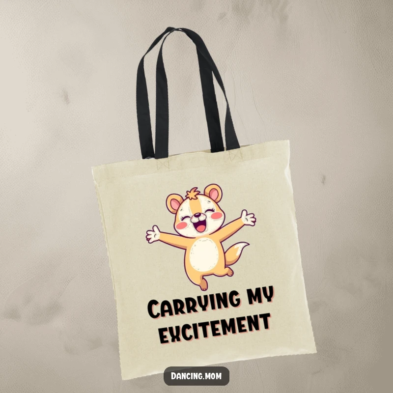 Funny animal character in a joyful, energetic leap with arms outstretched, featured on a practical tote bag.