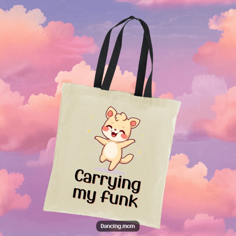 Funny tote bag showcasing a giggling animal doing the moonwalk, perfect for carrying essentials with a retro vibe.