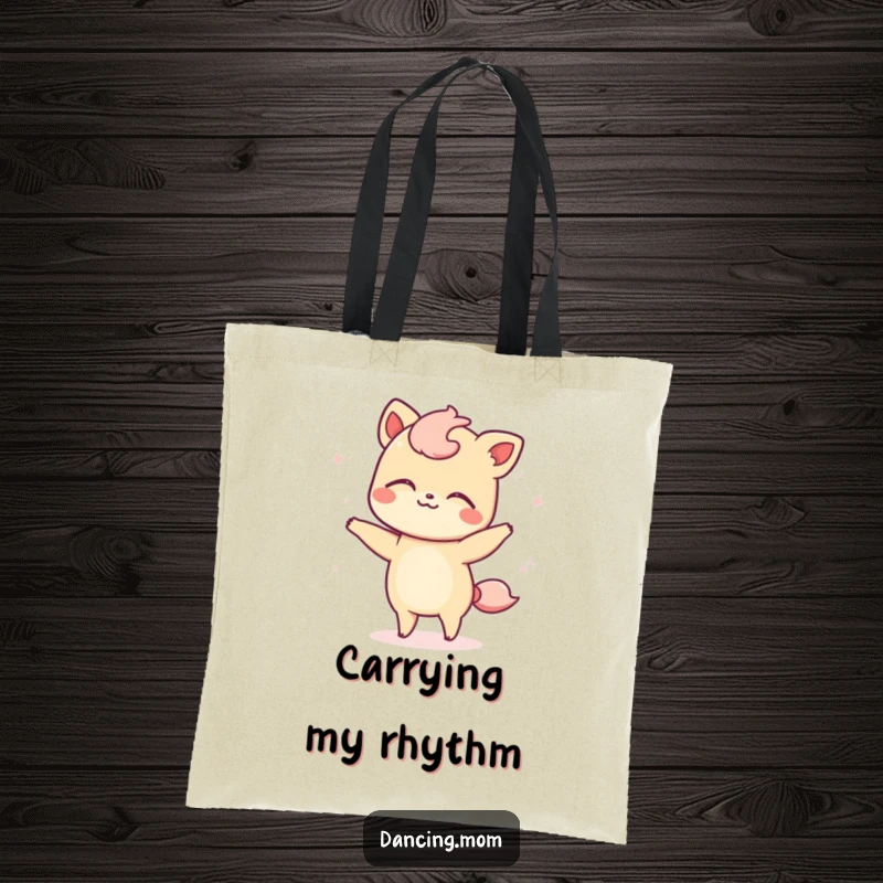 Funny tote bag with a kawaii dancing animal swaying serenely, eyes closed, embodying a calm and rhythmic dance.