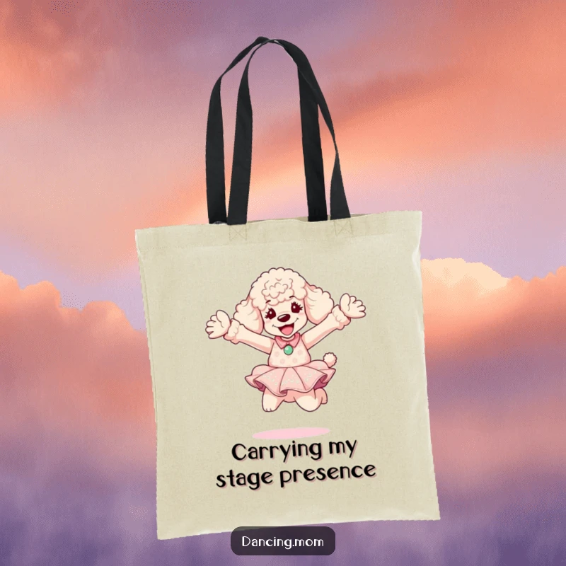 Funny Poodle Diva Tote Bag: A glamorous poodle in a dress performs an exuberant leap, showcasing a spirited and fashionable moment.
