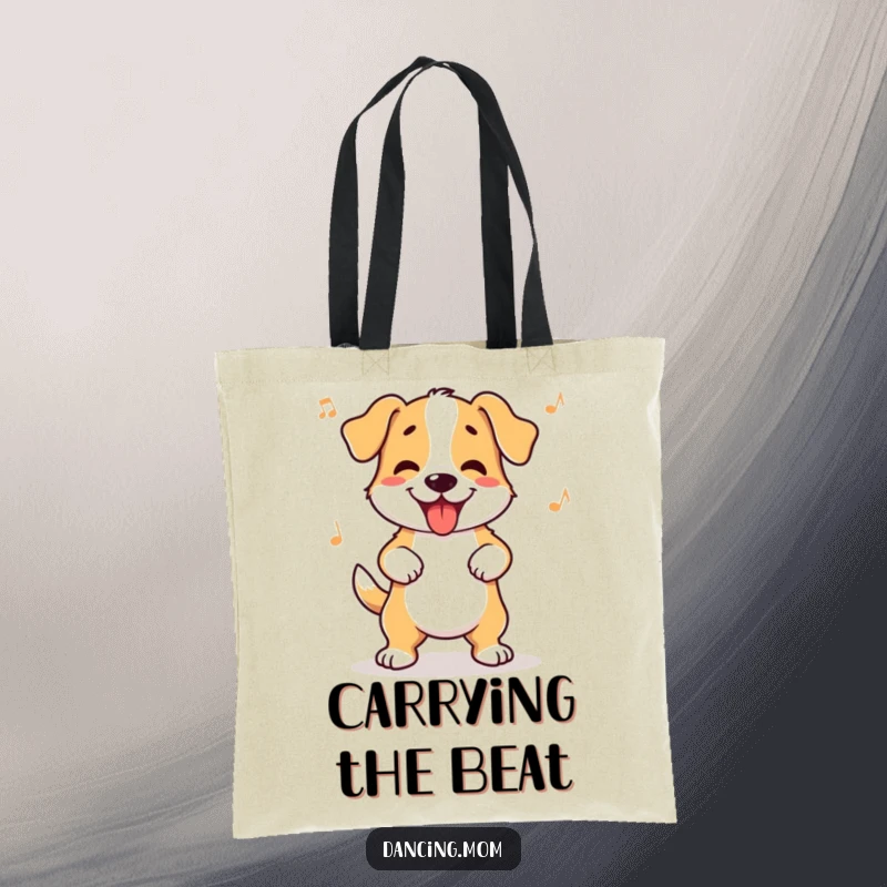 Funny dog tote bag depicting a dog wiggling its hips with an infectious, happy rhythm, perfect for errands.