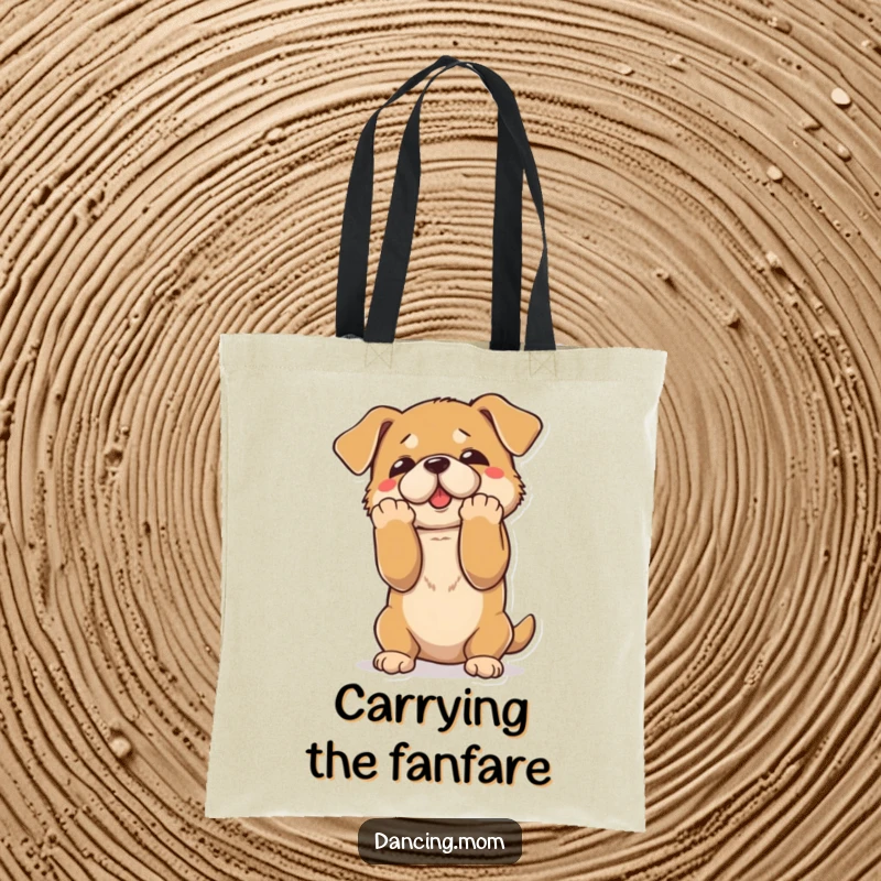 Funny tote bag featuring a dog performing a dramatic bow with paws outstretched, ready for the curtain call.