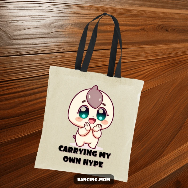 Funny Tote Bag: Excited character clapping with wide, happy eyes, a durable and funny gift for everyday use and joy.