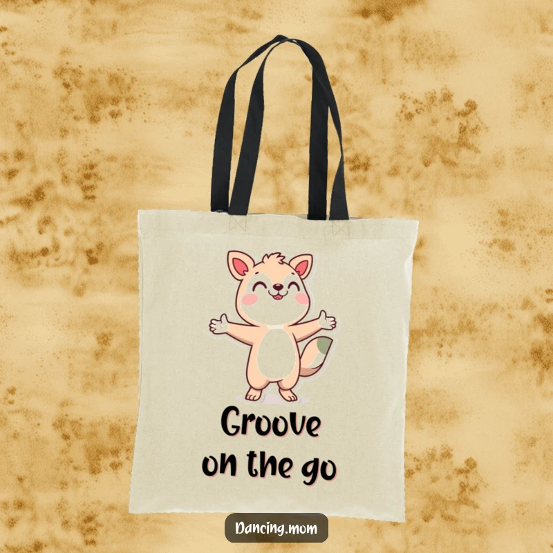 Stylized dancing animal with arms outstretched, a humorous and vibrant tote bag for carrying daily essentials.