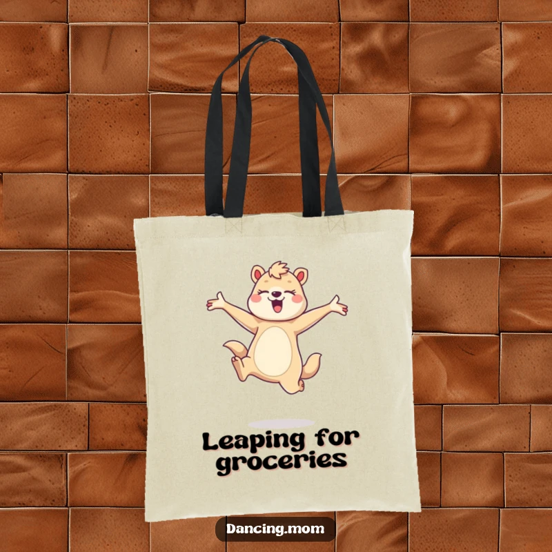Funny tote bag featuring a dancing mom animal leaping gracefully, arms outstretched, a perfect funny gift for stylish errands.