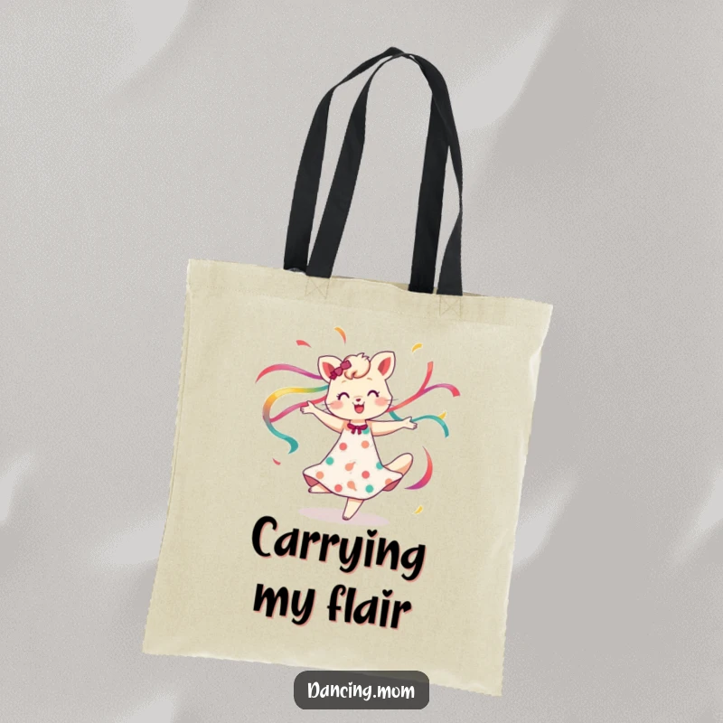 Funny tote bag featuring a dancing mom animal spinning with colorful ribbons flowing, perfect for stylish carrying, a fun funny gift.