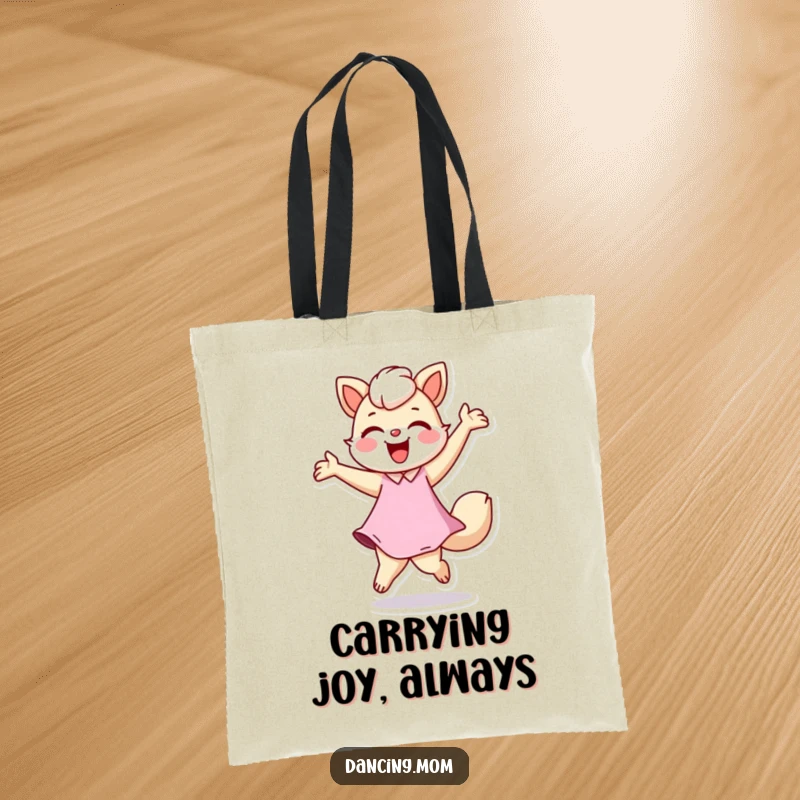 Funny tote bag with a dancing mom animal figure joyfully twirling, featuring a bright, happy expression. A great funny gift for errands.