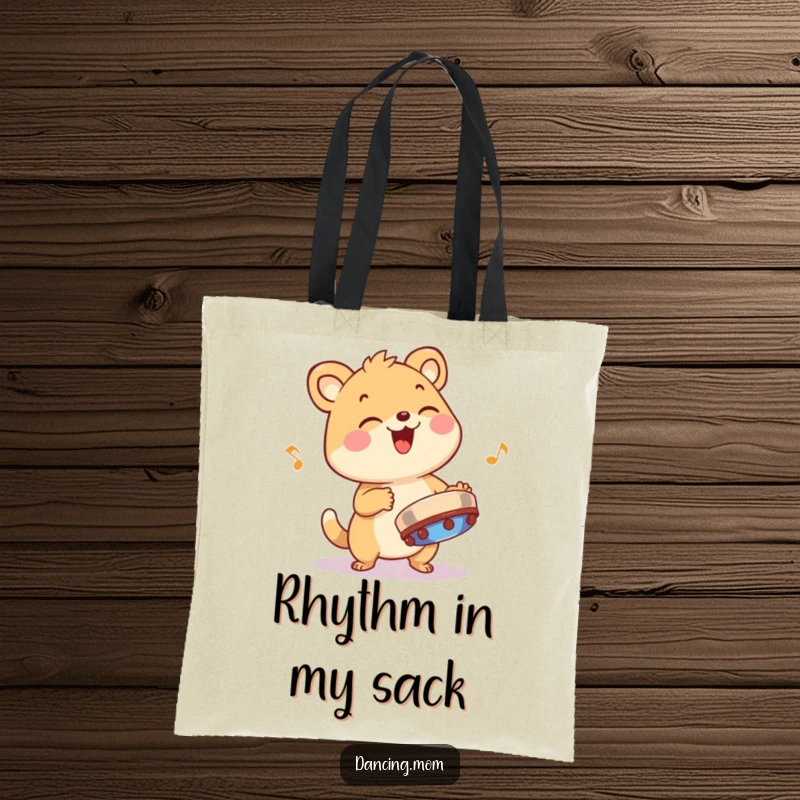 Funny animal character playing a tambourine with infectious rhythm, depicted on a practical and humorous tote bag.