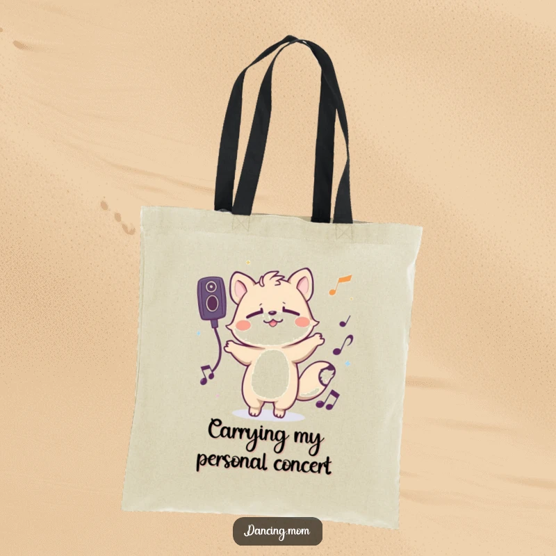 Funny tote bag featuring a spirited animal character grooving with eyes closed, perfect for carrying essentials while feeling the music.