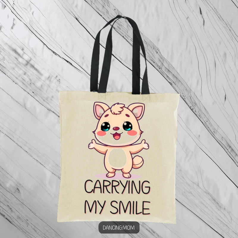 Funny tote bag featuring a kawaii dancing animal with a wide smile, striking an iconic and fun pose.