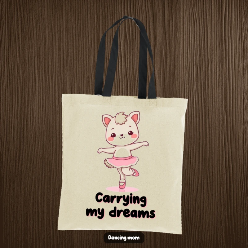 Funny kawaii dancing animal character in ballet shoes, twirling happily, showcased on a durable and stylish tote bag.
