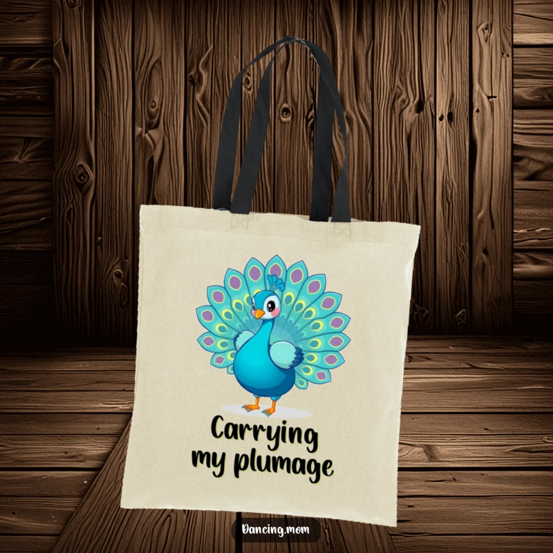 Funny Peacock tote bag displaying a playful peacock fanning its tail feathers in a dance, ideal for carrying essentials with style.