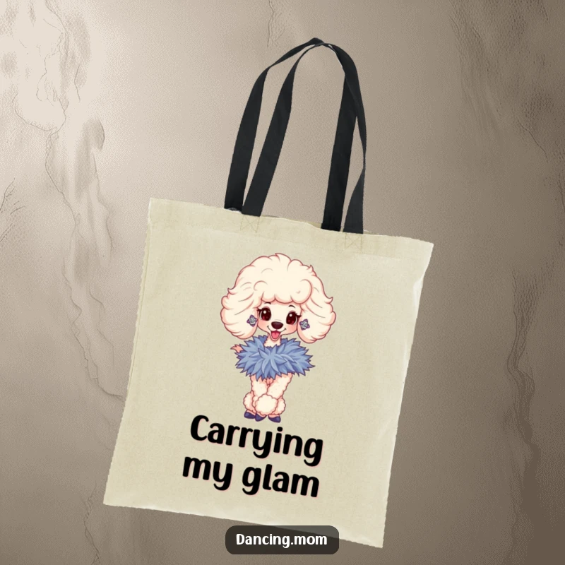 Funny tote bag with a sophisticated poodle wearing sparkly earrings, twirling gracefully with a feathered boa, for stylish errands.