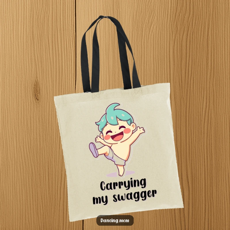 Funny Tote Bag: Character mid-silly kick with a huge smile, perfect for carrying items with a dose of humor as a funny gift.