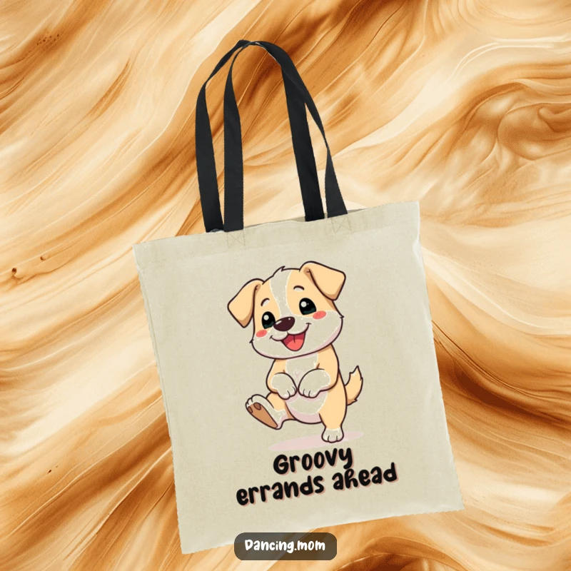 Funny tote bag depicting a dog joyfully tapping its foot, a happy, rhythmic companion for your everyday carry.