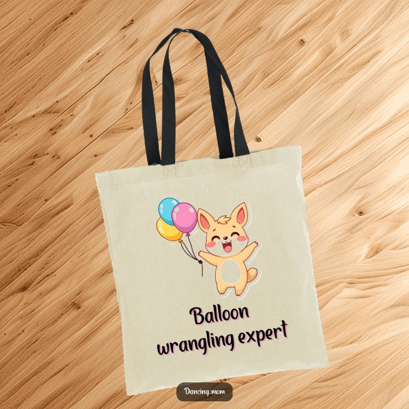 Funny tote bag featuring an excited animal character twirling with balloons, ready to carry your joyful essentials with festive flair.