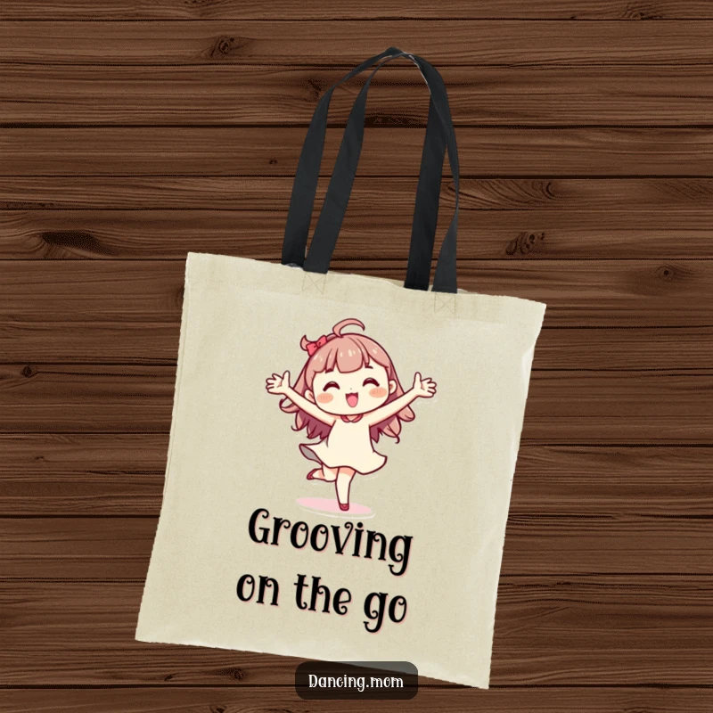 Funny Kawaii dancer tote bag with a character in a wide-armed pirouette, perfect for carrying dance gear.