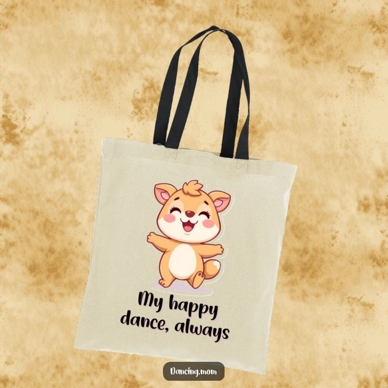 Funny tote bag showcasing a playful animal character tapping its feet with a wide smile, perfect for carrying your joyful essentials.